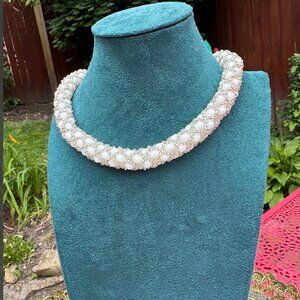 Vintage Teng Yue Signed Milk Glass 1960s Woven Necklace